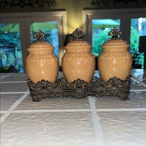 Ceramic Amber Jars with Decorative Metal Stand